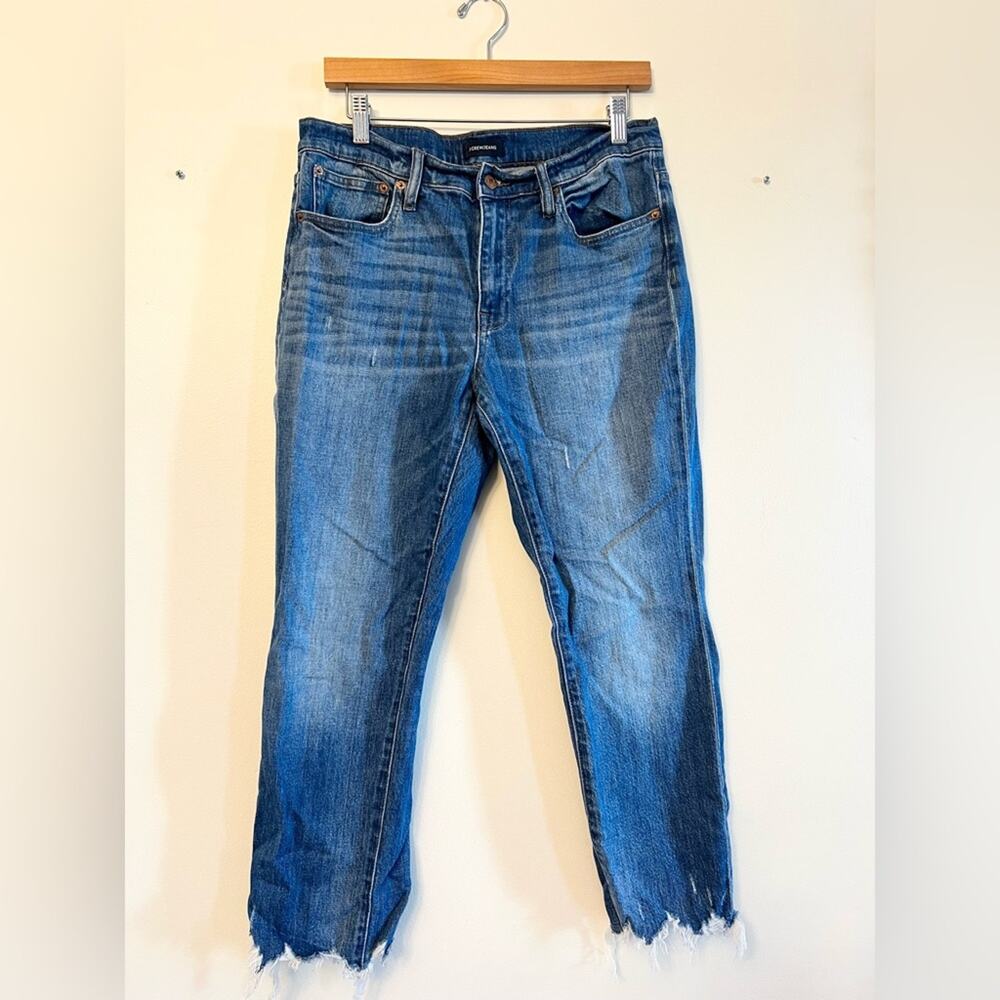 J crew high rise straight leg jeans distressed hem stretchy comfortable